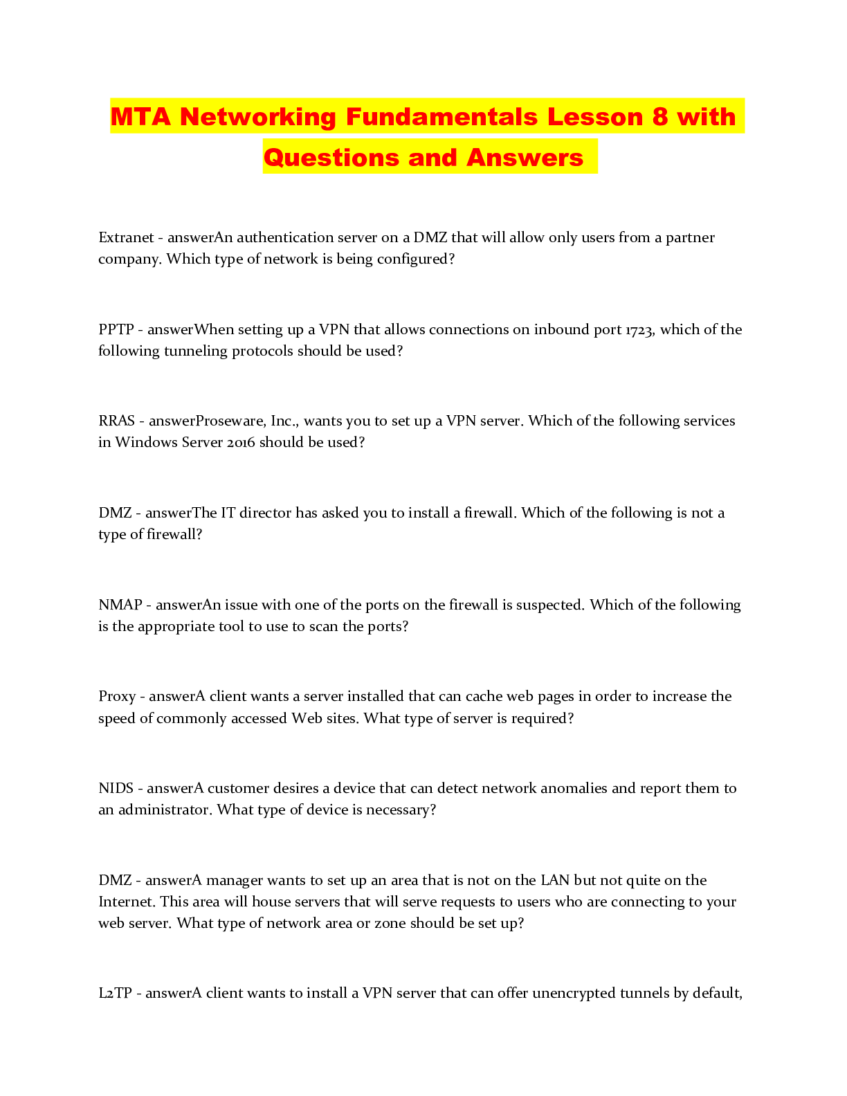 MTA Networking Fundamentals Lesson 8 with Questions and Answers